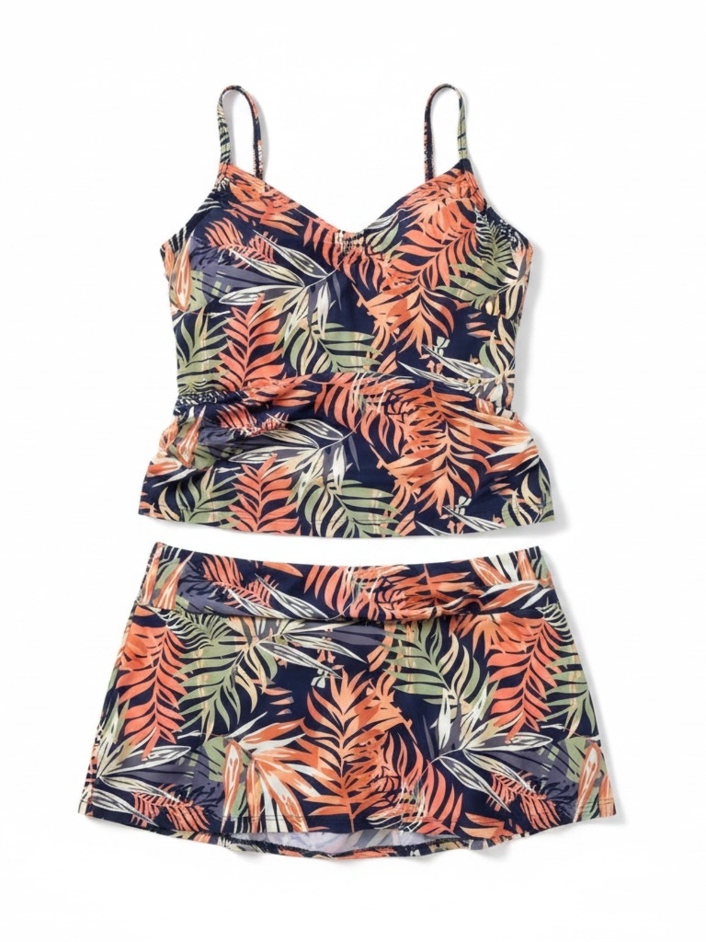 Tropical Leaf Swim Tankini‎ & Skirted Bikini Bottom - Navy and Coral